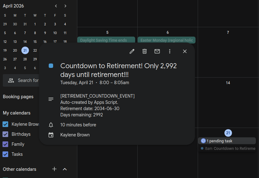 Retirement countdown calendar reminder